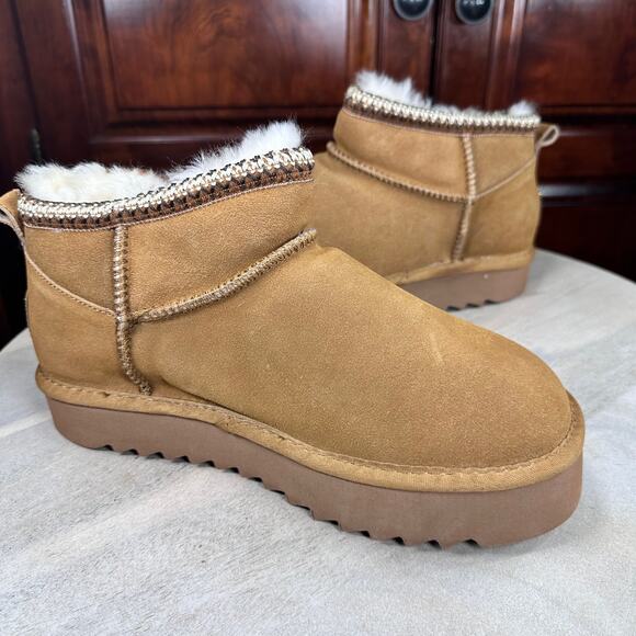 Mexx Womens Size 9.5 US Suede Shearling Boot Chestnut Fur Lined Ankle Platform - Picture 3 of 14